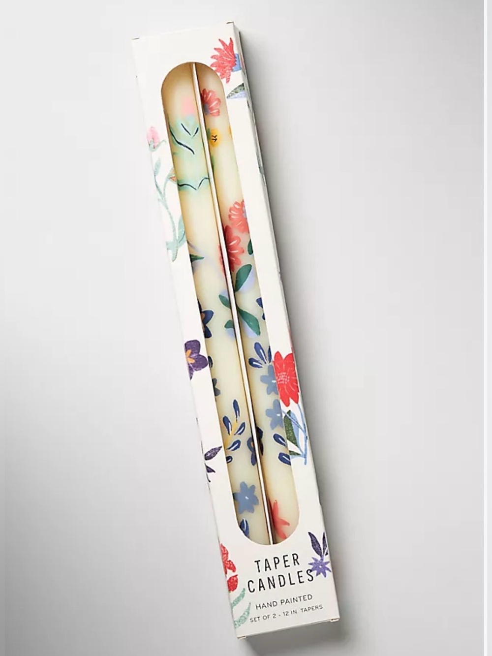 Anthropologie Hand Painted Floral Taper Candles Set of 2 Ivory 12"